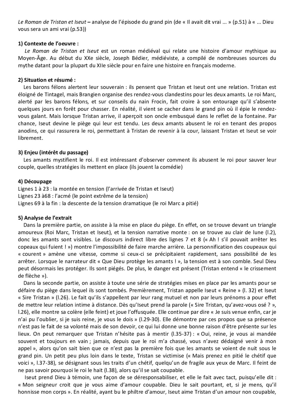 Questionnaire Avec Réponses Sur Tristan Et Iseult