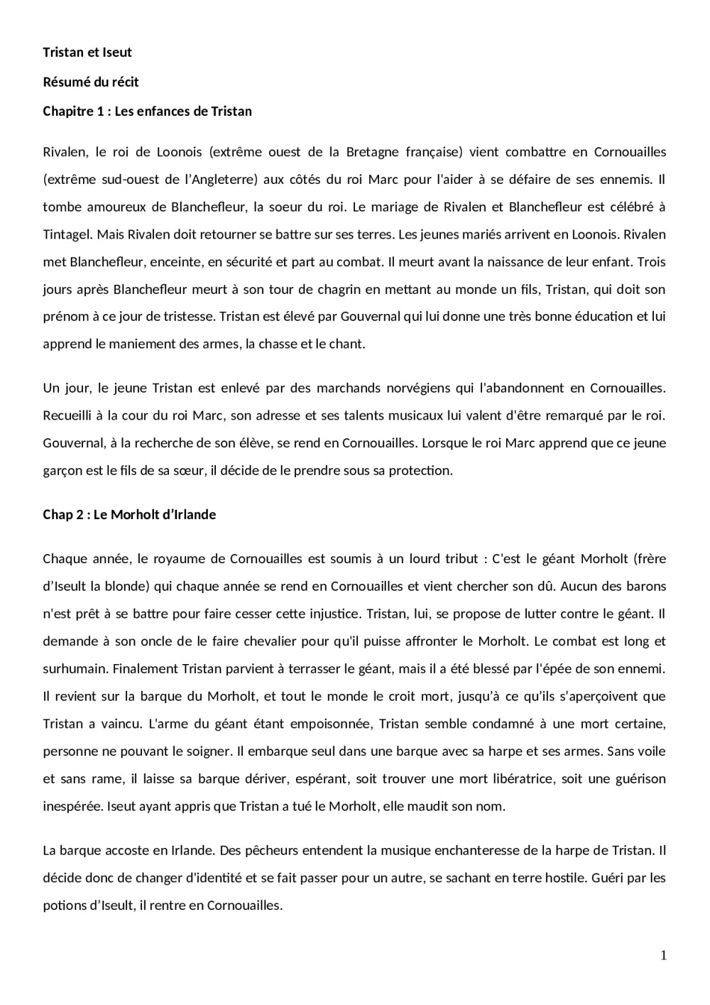 Questionnaire Avec Réponses Sur Tristan Et Iseult