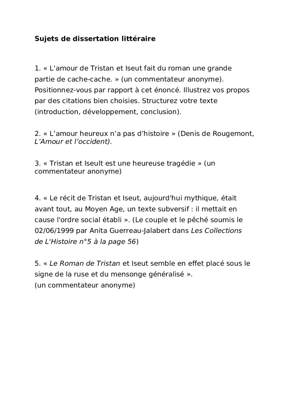 Questionnaire Avec Réponses Sur Tristan Et Iseult