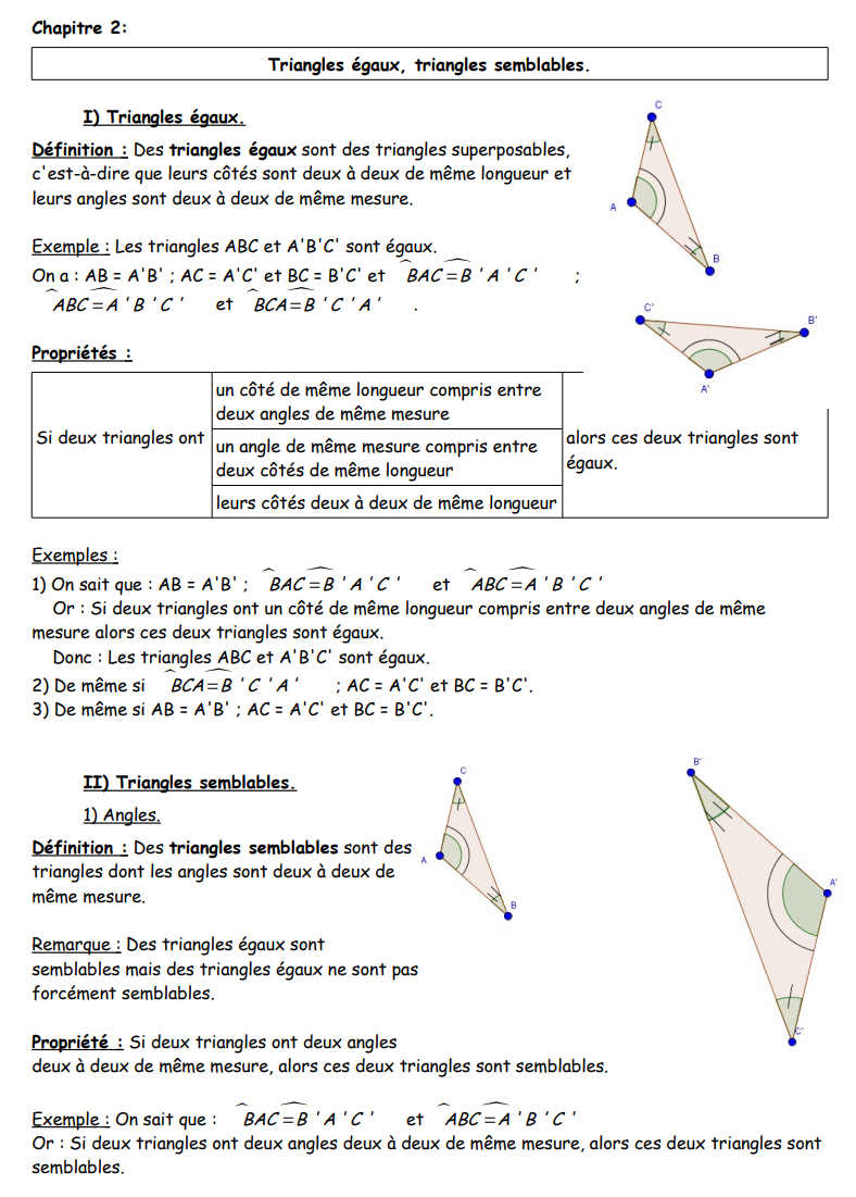 Triangles égaux Et Semblables Exercices Corrigés